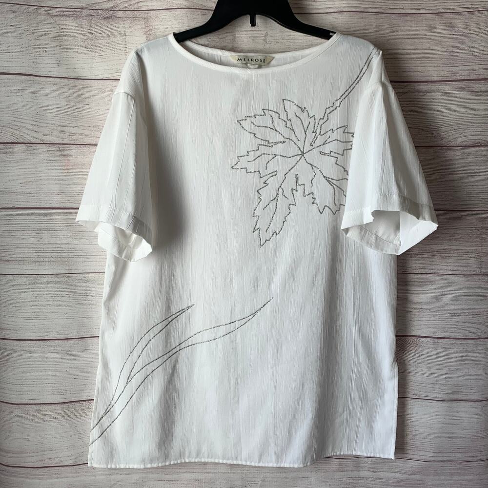 Vintage Melrose White Blouse with Silver Leaf Short Sleeve Long Size M